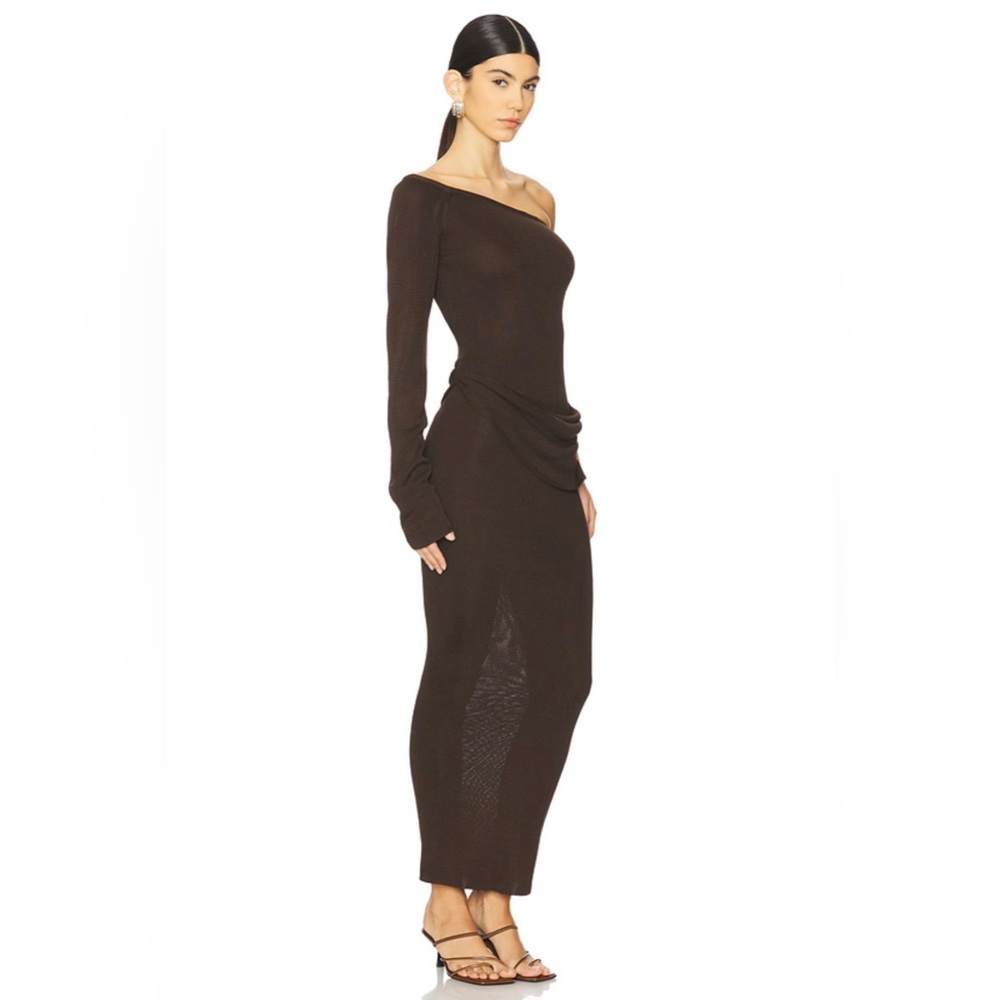 NWT Baobob REVOLVE Kairi One Shoulder Draped Knit Maxi Dress Chocolate MSRP $320